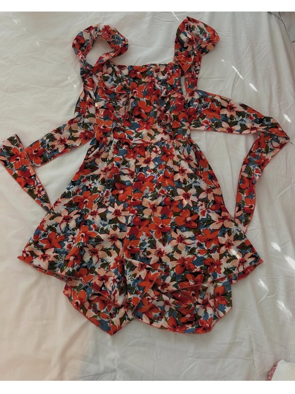 Red Multicolor Floral Romper with Tied Back